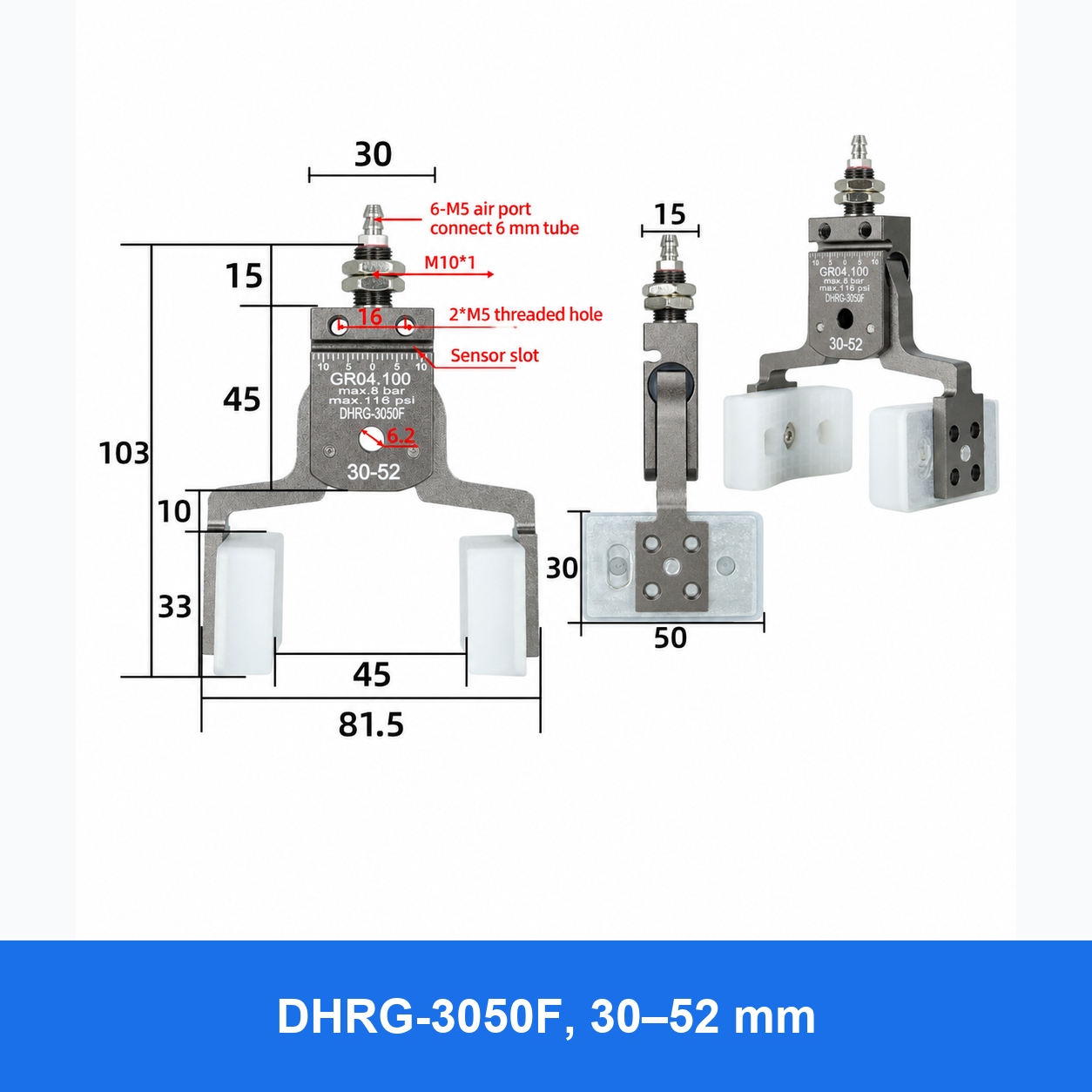 DHPG or DHRG 3050 mini pneumatic gripper, DHRG-3050F, 30–52 mm