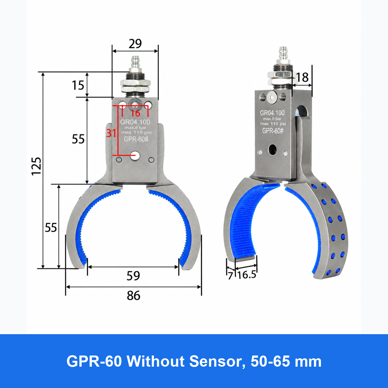 Pneumatic bottle-preform gripper, GPR-60 Without Sensor, 50-65 mm