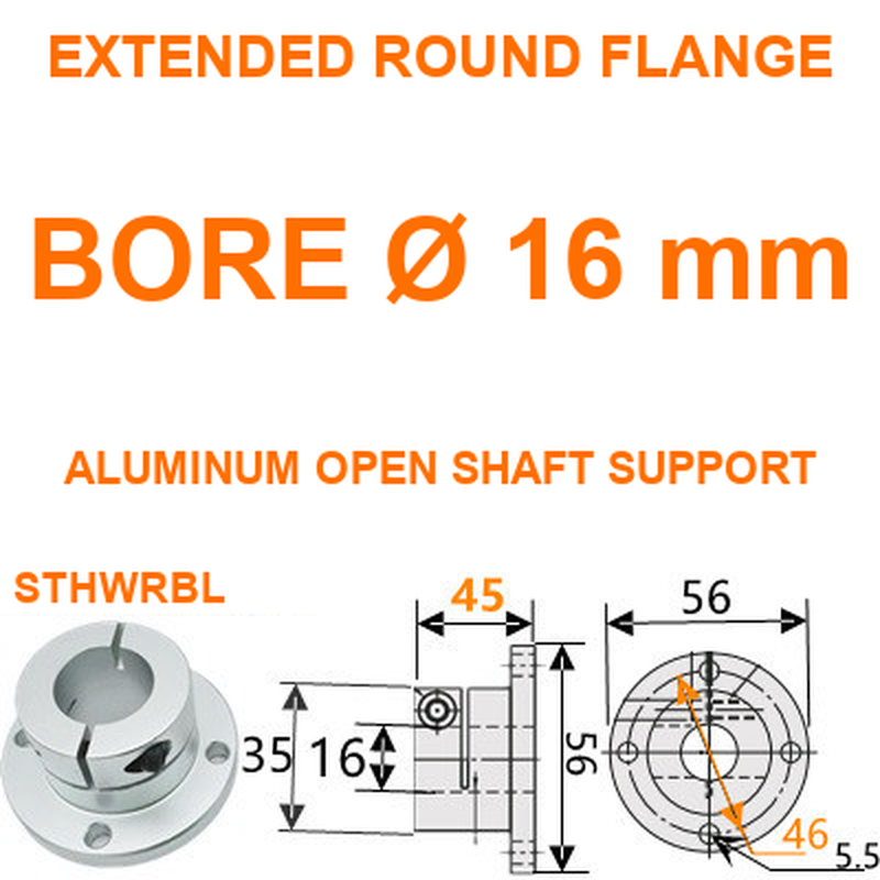 STHWRBL extended round flange aluminum open shaft support, 16 mm bore