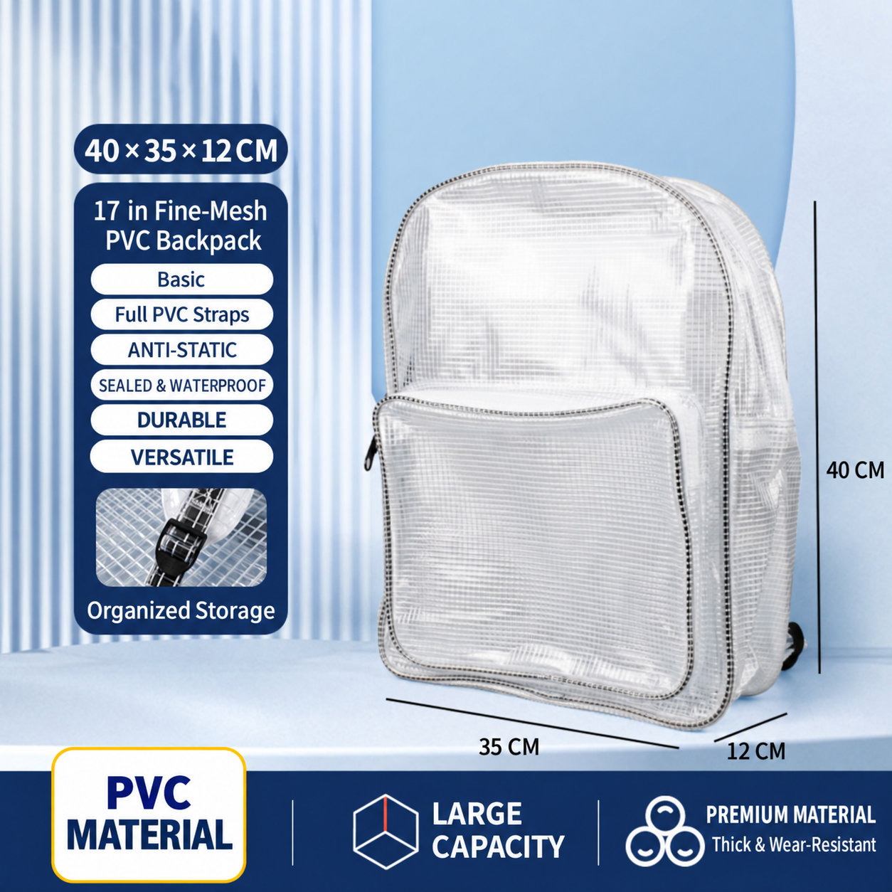 BOLTTE transparent PVC anti-static cleanroom bag 17 in Fine-Mesh Full PVC Backpack – Basic – 40 × 35 × 12 cm