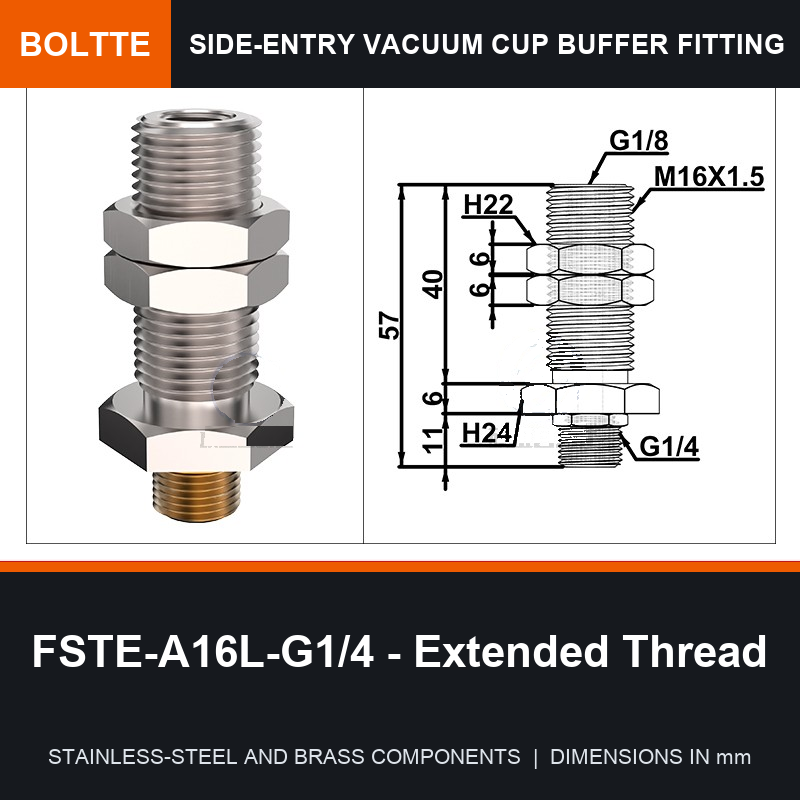BOLTTE FSTE-A16L-G1/4 - Extended Thread side-entry rotary vacuum cup buffer fitting
