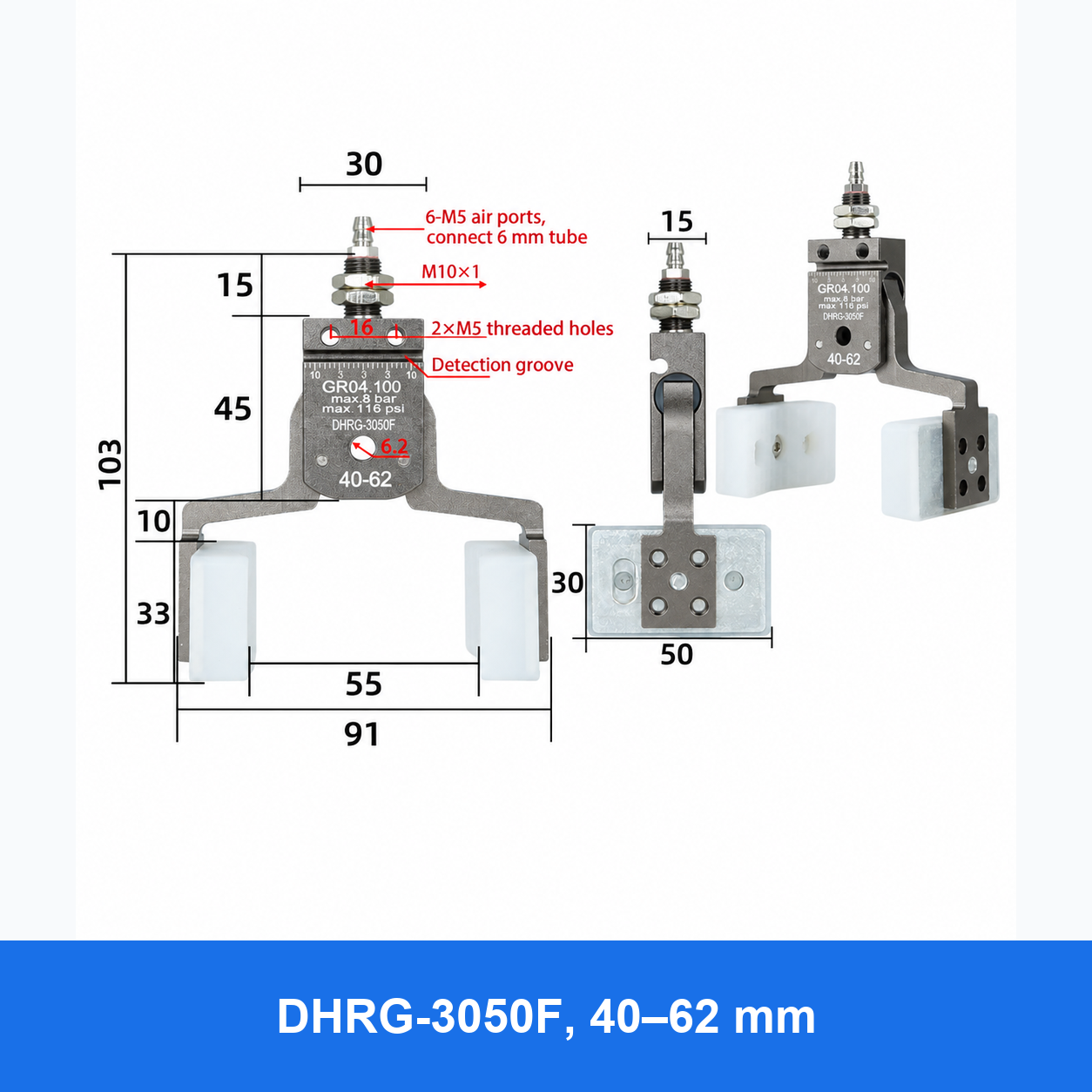 DHPG or DHRG 3050 mini pneumatic gripper, DHRG-3050F, 40–62 mm