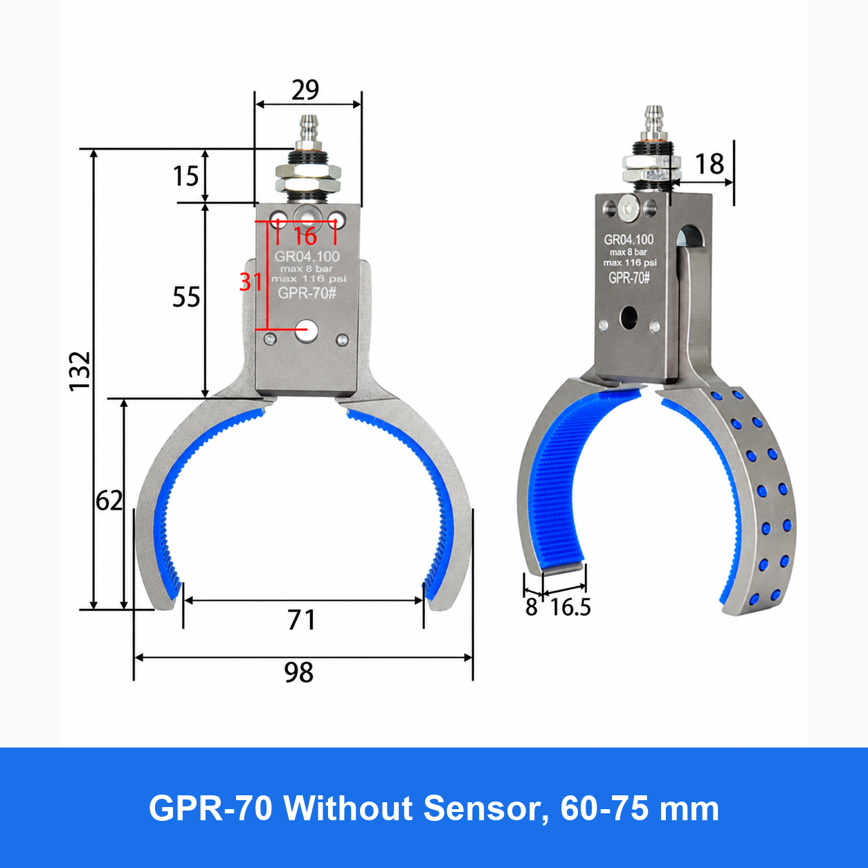 Pneumatic bottle-preform gripper, GPR-70 Without Sensor, 60-75 mm
