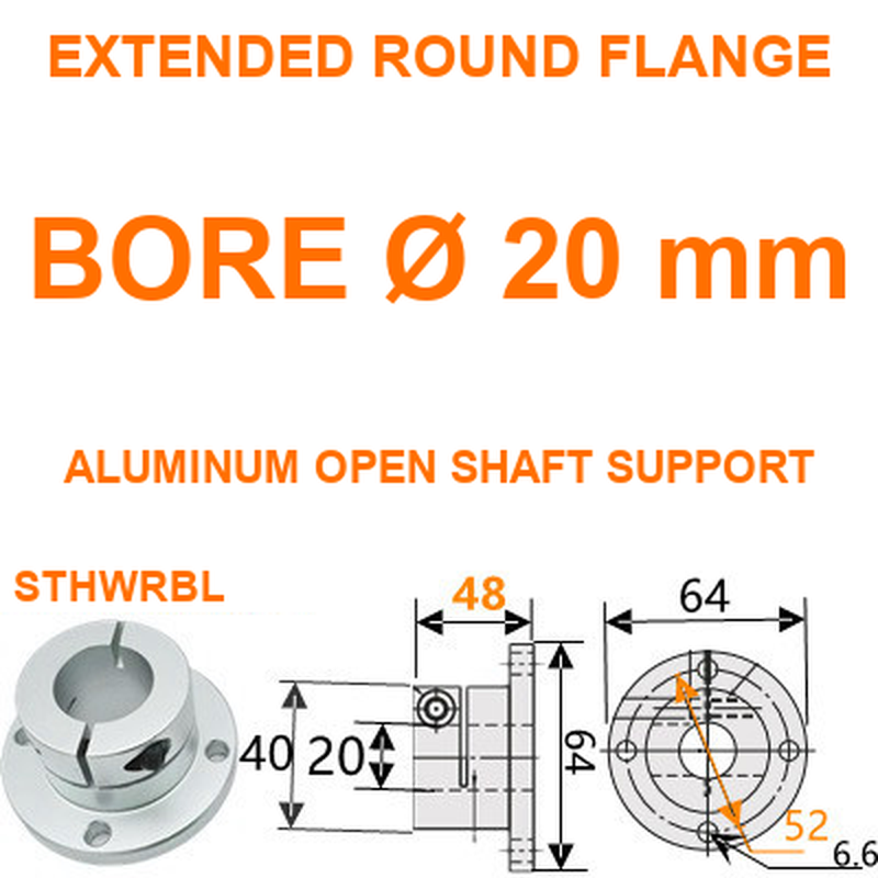 STHWRBL extended round flange aluminum open shaft support, 20 mm bore