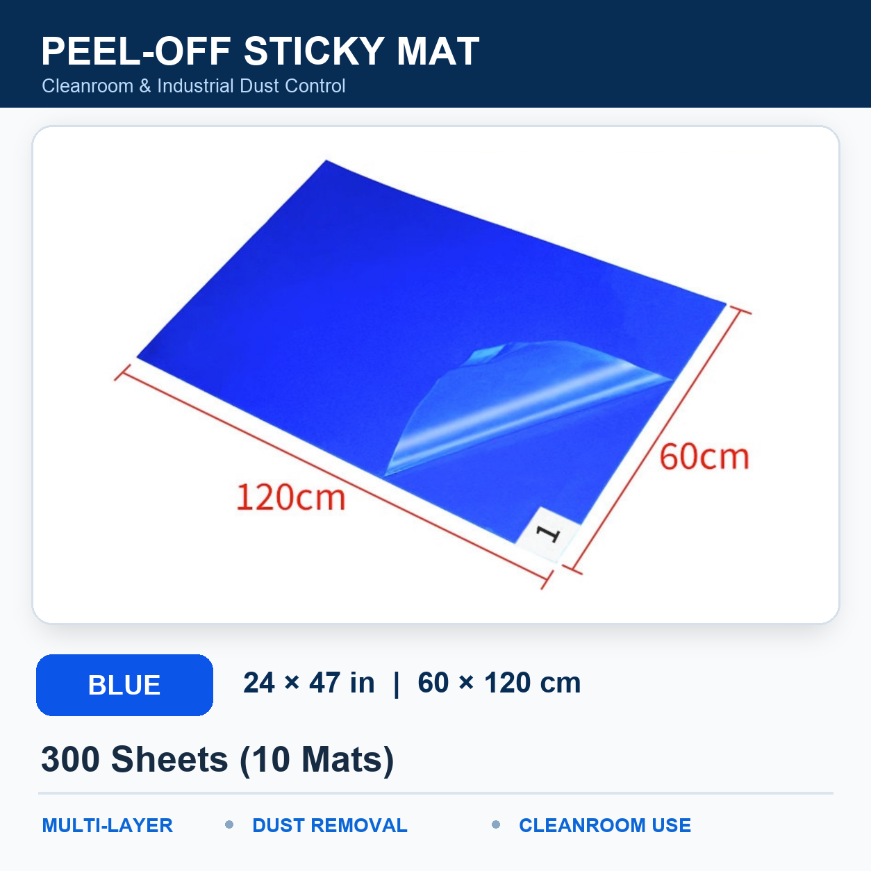 BOLTTE blue peel-off sticky mat Blue – 24 × 47 in (60 × 120 cm) – 300 Sheets (10 Mats)