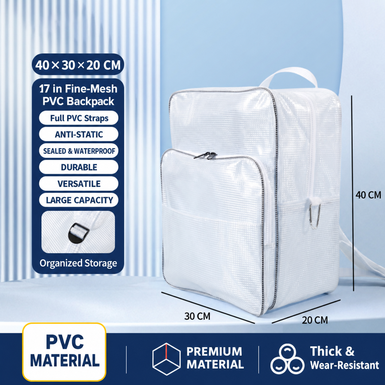 BOLTTE transparent PVC anti-static cleanroom bag 17 in Fine-Mesh Full PVC Backpack – 40 × 30 × 20 cm