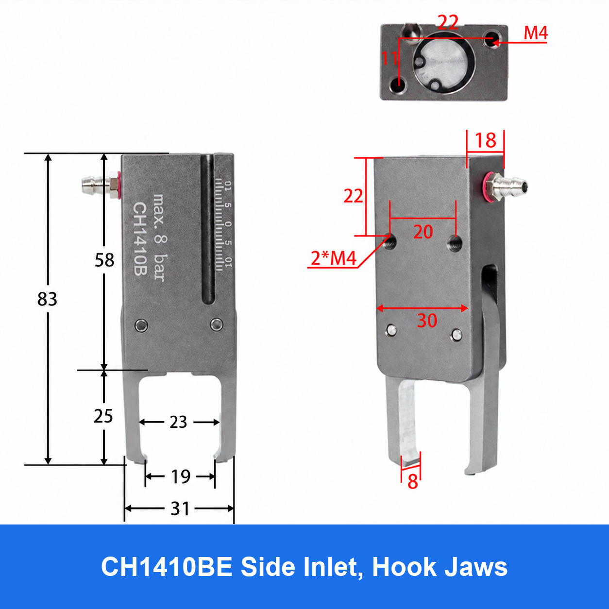 CH1410 mini pneumatic gripper or accessory, CH1410BE Side Inlet, Hook Jaws