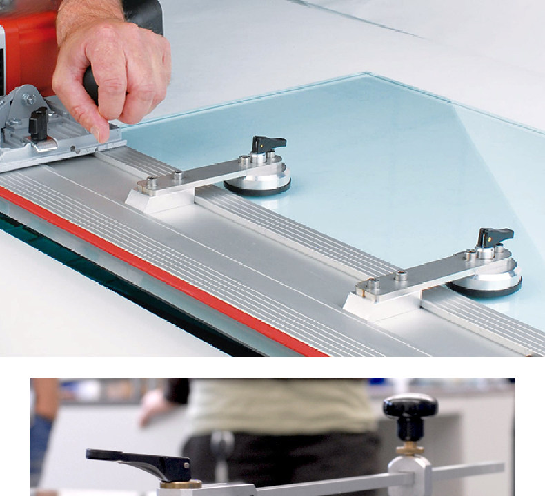 Manual vacuum suction cup fixtures used for positioning glass during cutting