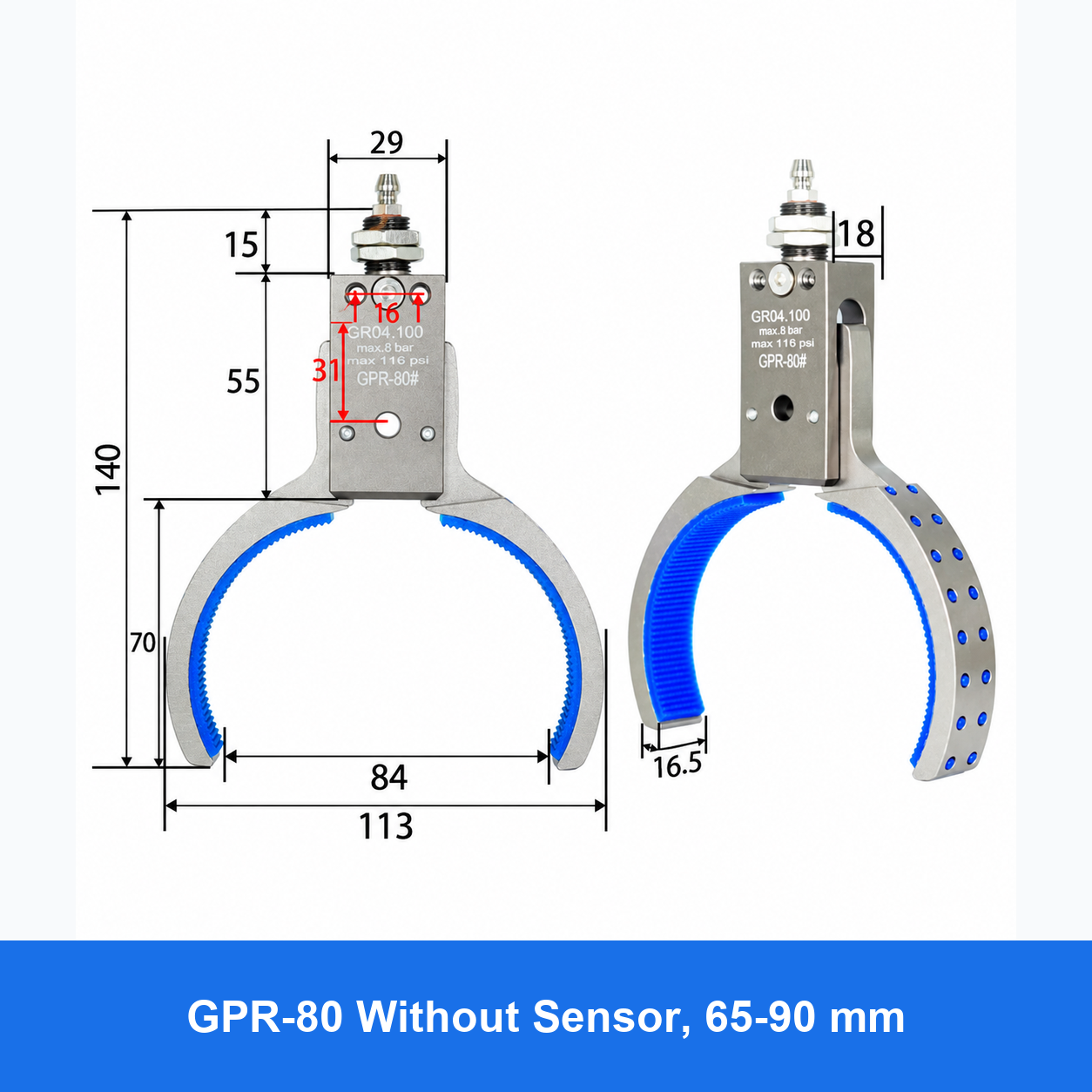 Pneumatic bottle-preform gripper, GPR-80 Without Sensor, 65-90 mm