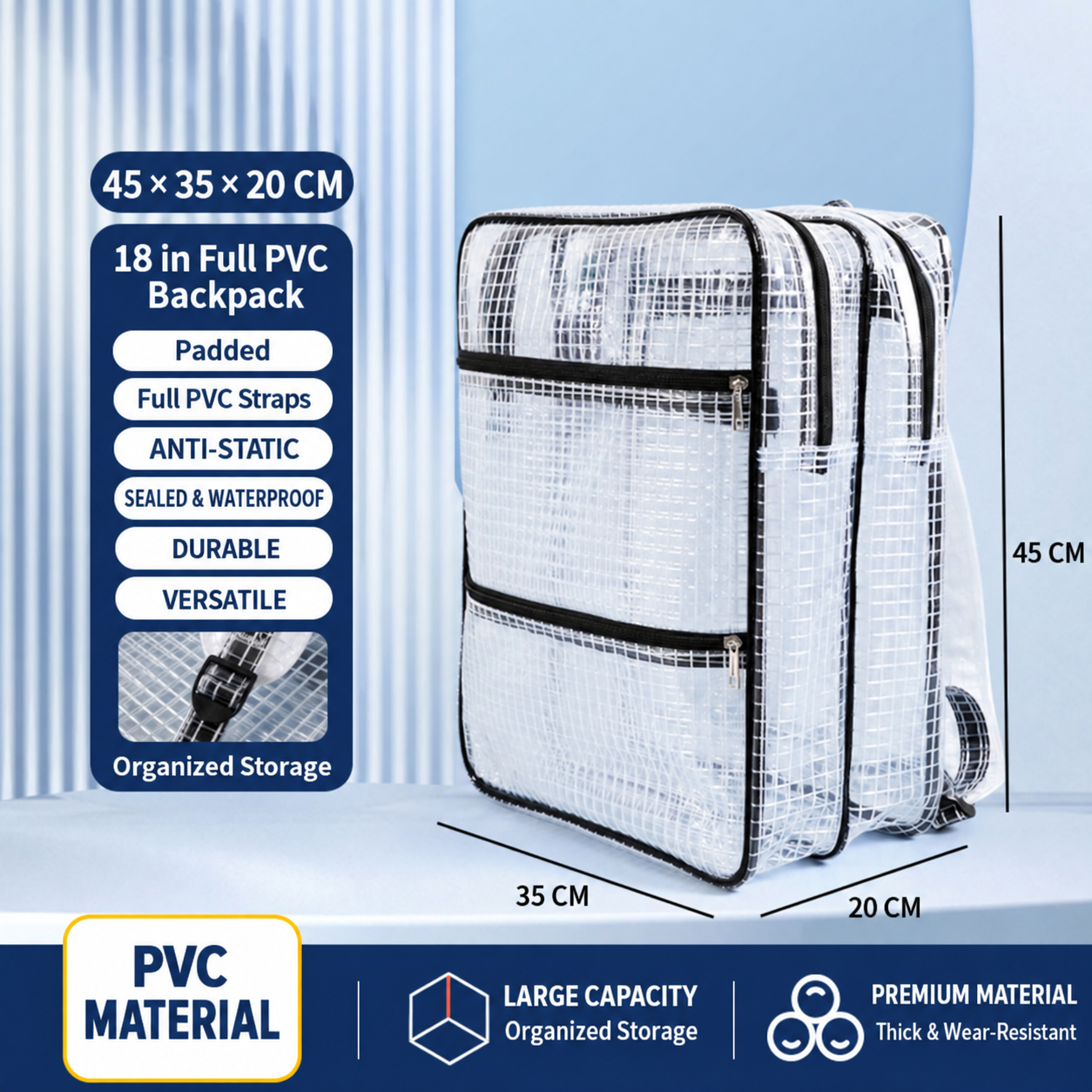 BOLTTE transparent PVC anti-static cleanroom bag 18 in Full PVC Backpack – 45 × 35 × 20 cm