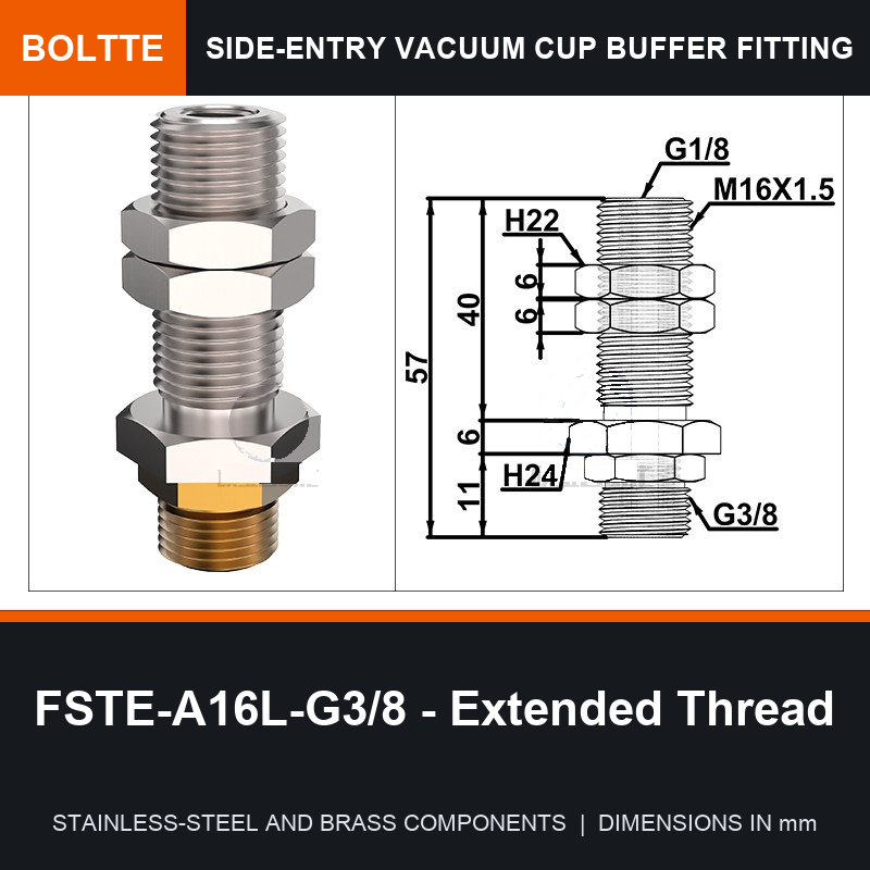 BOLTTE FSTE-A16L-G3/8 - Extended Thread side-entry rotary vacuum cup buffer fitting