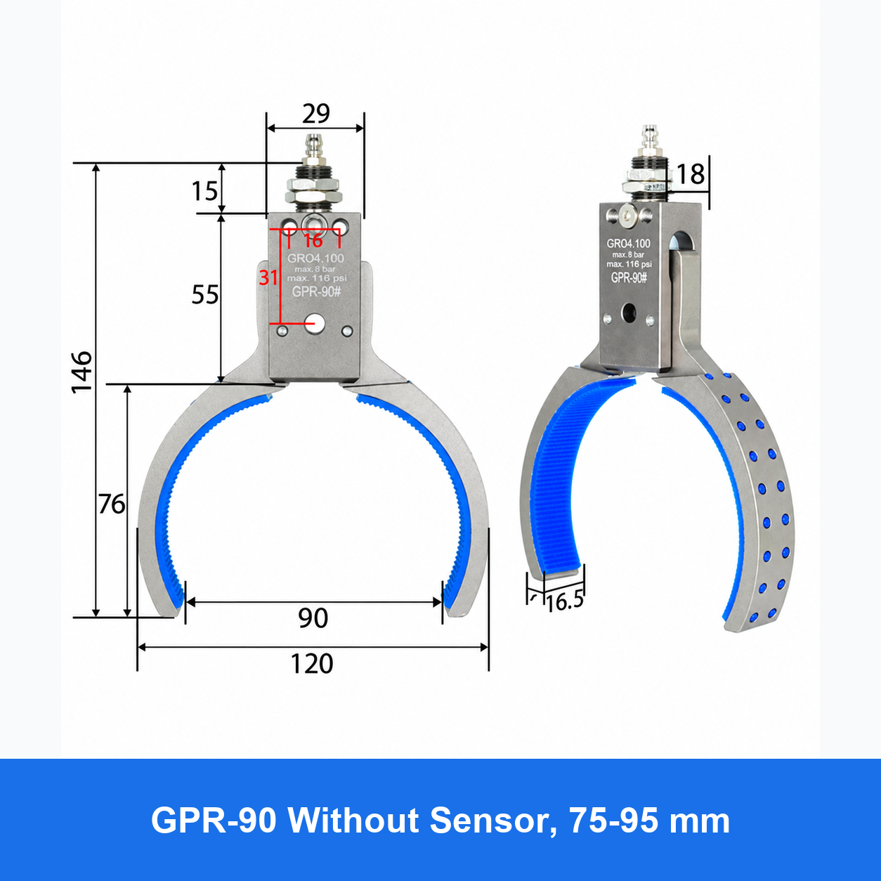 Pneumatic bottle-preform gripper, GPR-90 Without Sensor, 75-95 mm