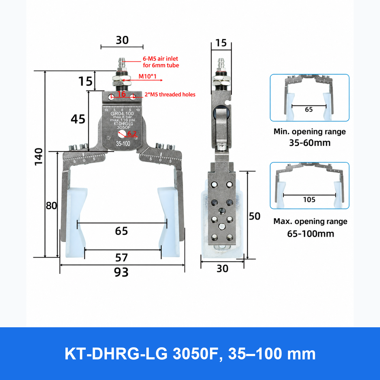 DHPG or DHRG 3050 mini pneumatic gripper, KT-DHRG-LG 3050F, 35–100 mm