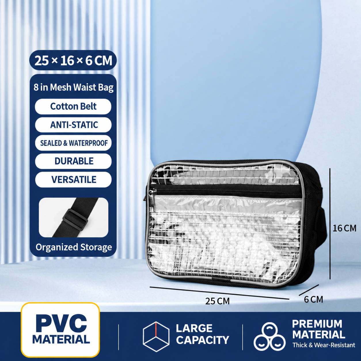 BOLTTE transparent PVC anti-static cleanroom bag 8 in Mesh Waist Bag – Cotton Belt – 25 × 16 × 6 cm
