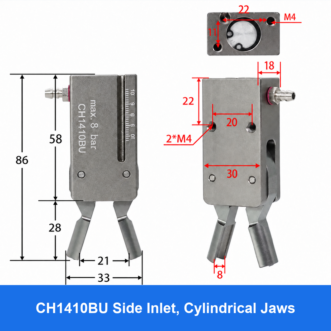 CH1410 mini pneumatic gripper or accessory, CH1410BU Side Inlet, Cylindrical Jaws