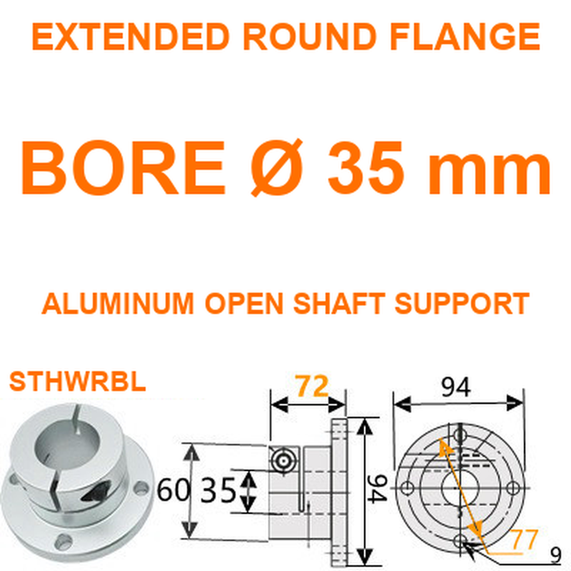 STHWRBL extended round flange aluminum open shaft support, 35 mm bore