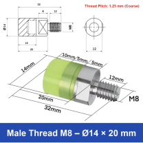Male Thread M8 – Ø14 × 20 mm, 304 stainless steel polyurethane-coated buffer component