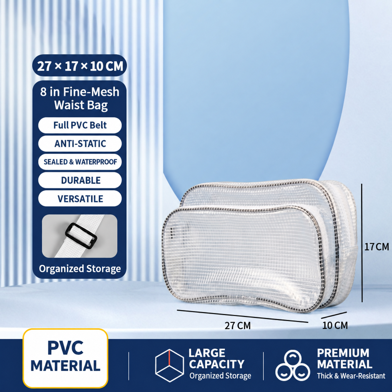 BOLTTE transparent PVC anti-static cleanroom bag 8 in Fine-Mesh Full PVC Waist Bag – 27 × 17 × 10 cm