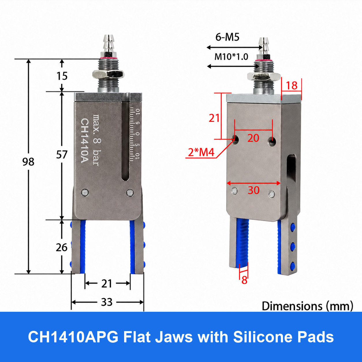 CH1410 mini pneumatic gripper or accessory, CH1410APG Flat Jaws with Silicone Pads