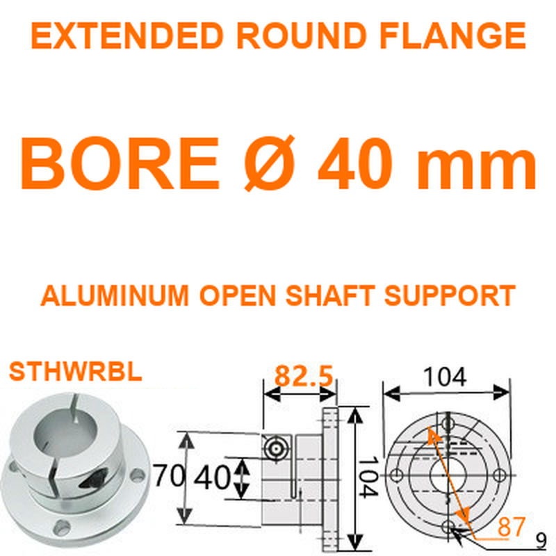STHWRBL extended round flange aluminum open shaft support, 40 mm bore