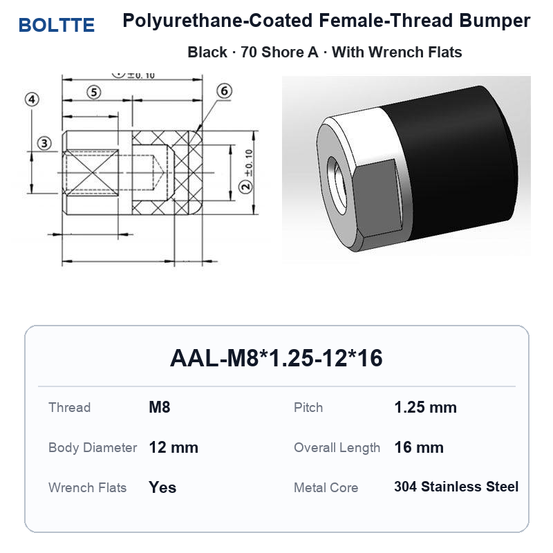 Black 70 Shore A - M8*1.25-12*16 polyurethane-coated female-thread bumper