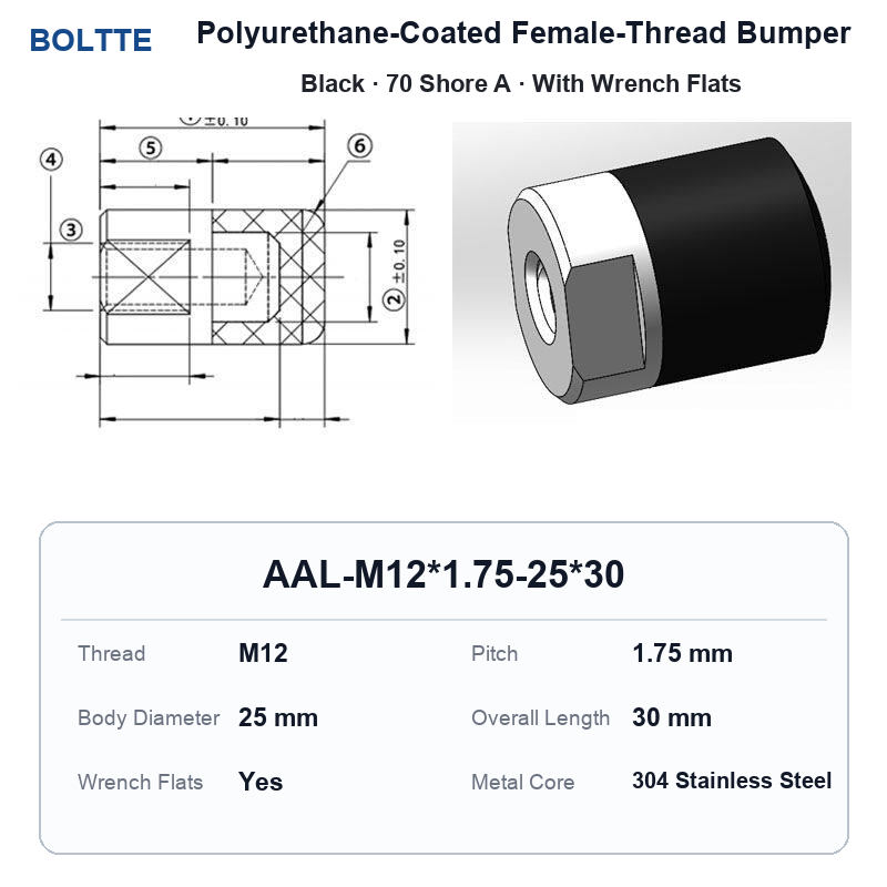 Black 70 Shore A - M12*1.75-25*30 polyurethane-coated female-thread bumper
