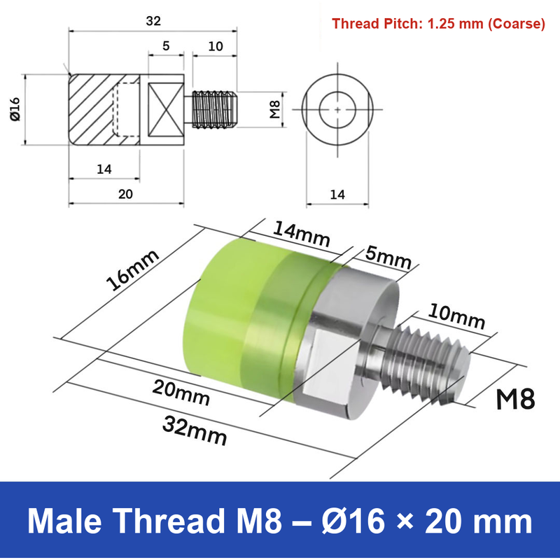 Male Thread M8 – Ø16 × 20 mm, 304 stainless steel polyurethane-coated buffer component