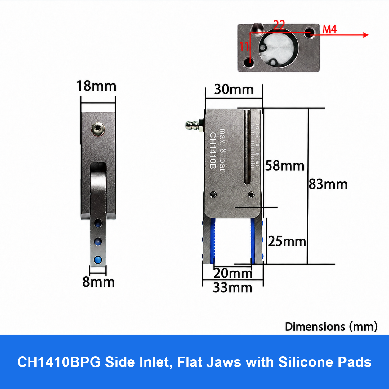 CH1410 mini pneumatic gripper or accessory, CH1410BPG Side Inlet, Flat Jaws with Silicone Pads