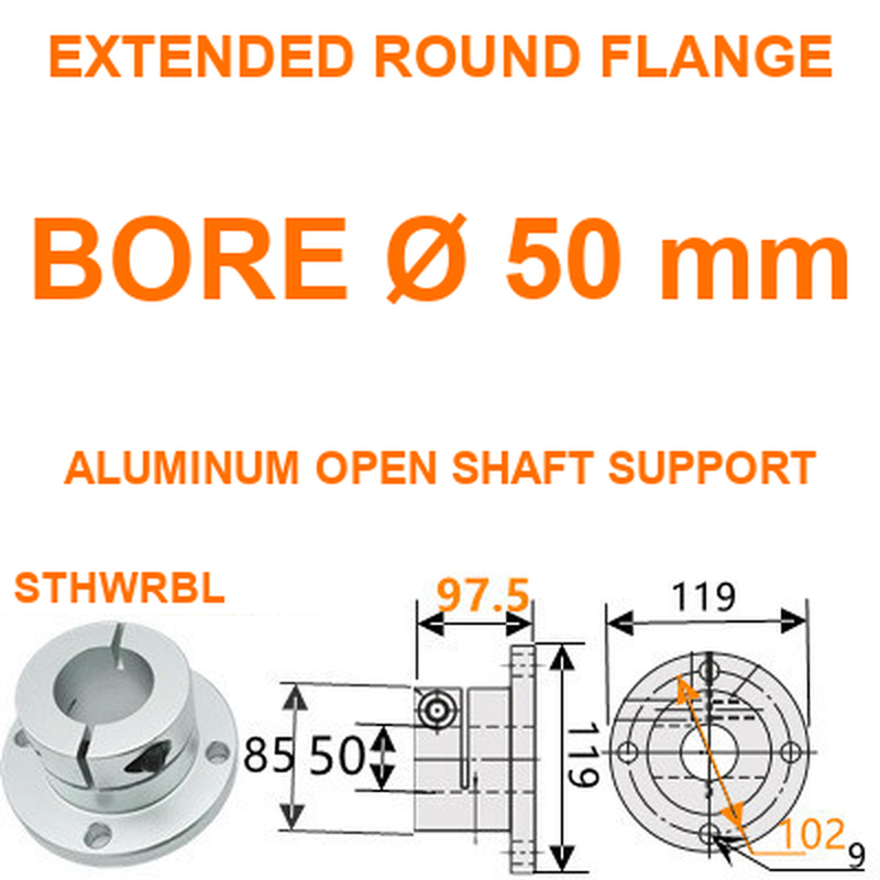 STHWRBL extended round flange aluminum open shaft support, 50 mm bore