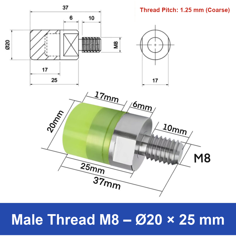 Male Thread M8 – Ø20 × 25 mm, 304 stainless steel polyurethane-coated buffer component