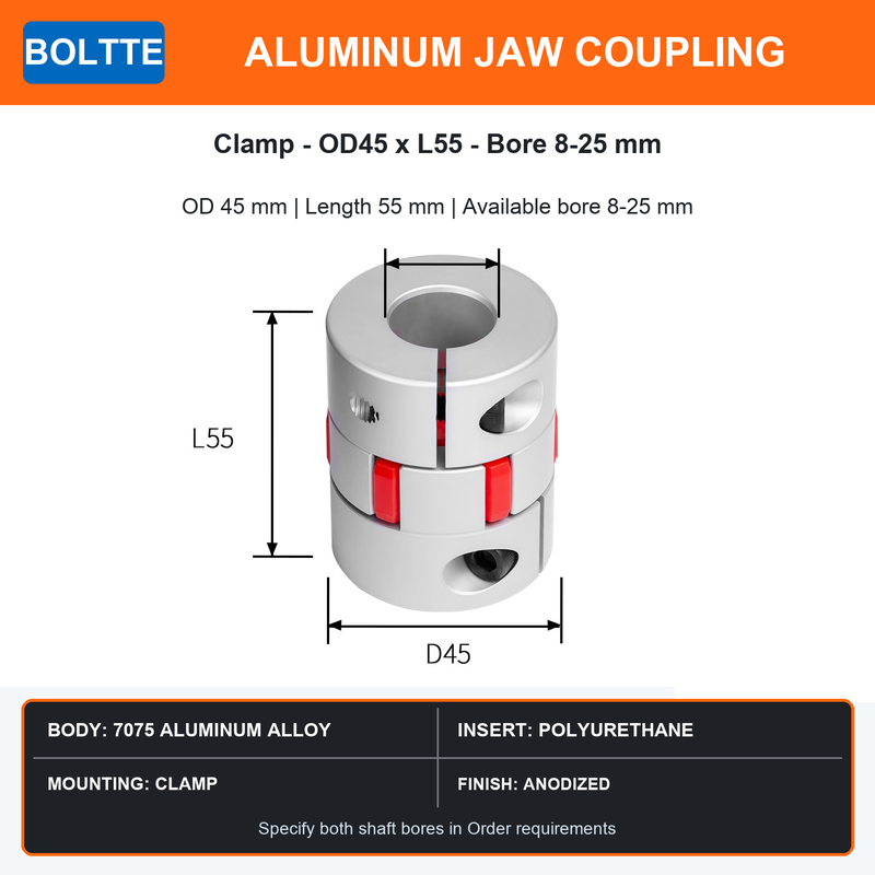BOLTTE aluminum jaw coupling OD 45 mm length 55 mm bore 8 to 25 mm