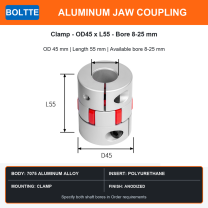 BOLTTE aluminum jaw coupling OD 45 mm length 55 mm bore 8 to 25 mm