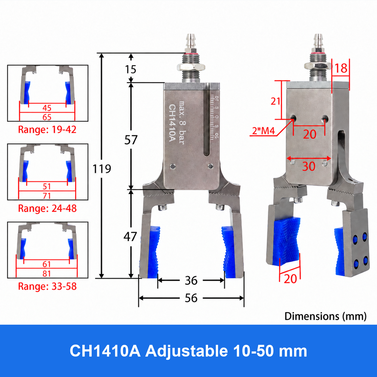 CH1410 mini pneumatic gripper or accessory, CH1410A Adjustable 10-50 mm