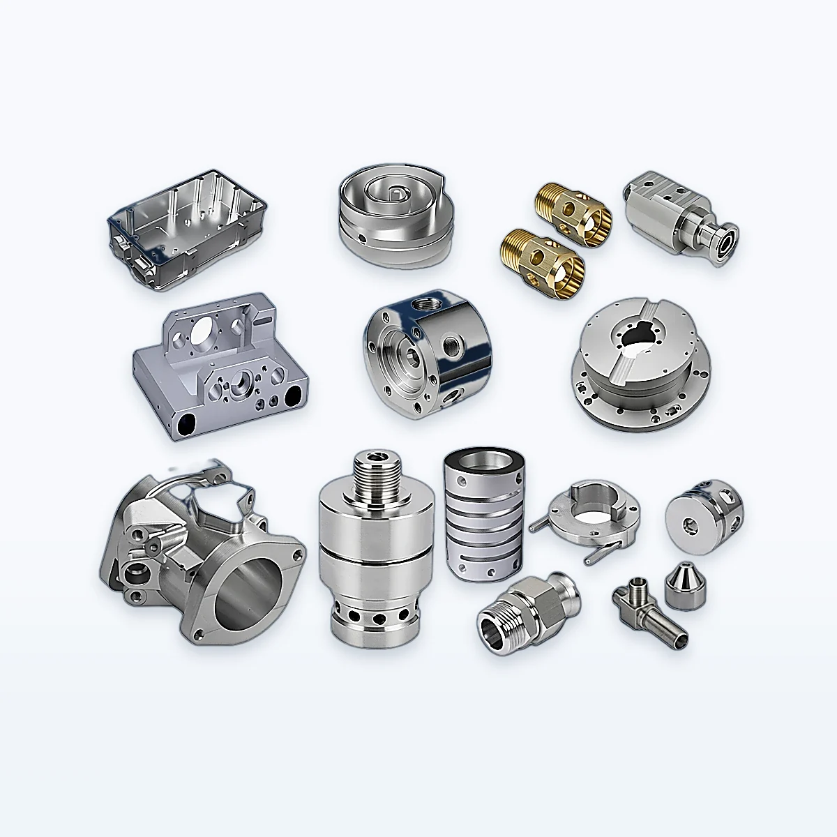Mixed custom CNC-machined housings, rotary parts, fittings and couplings on a light studio background