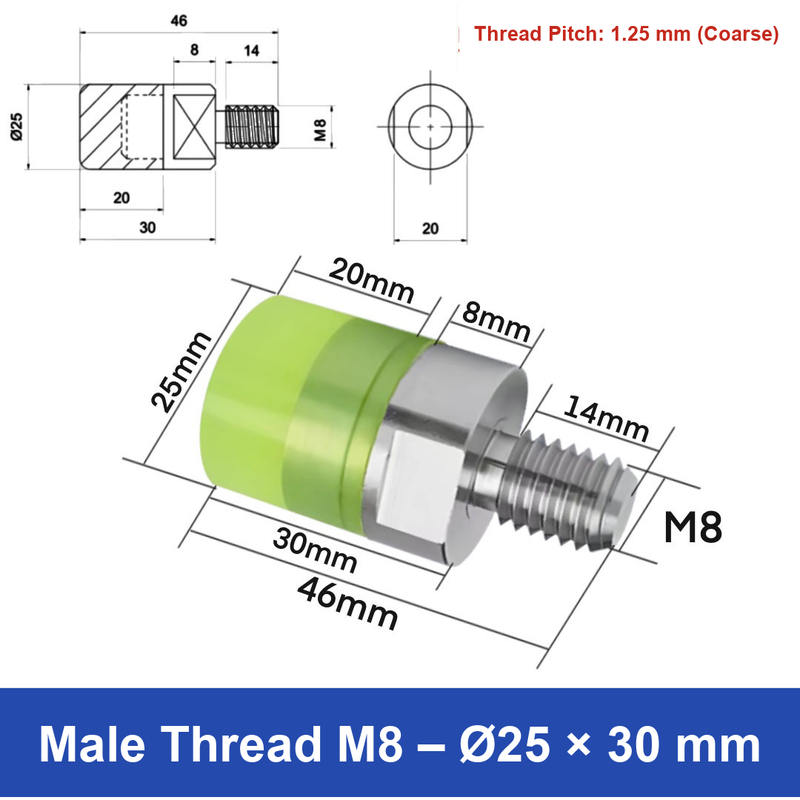 Male Thread M8 – Ø25 × 30 mm, 304 stainless steel polyurethane-coated buffer component