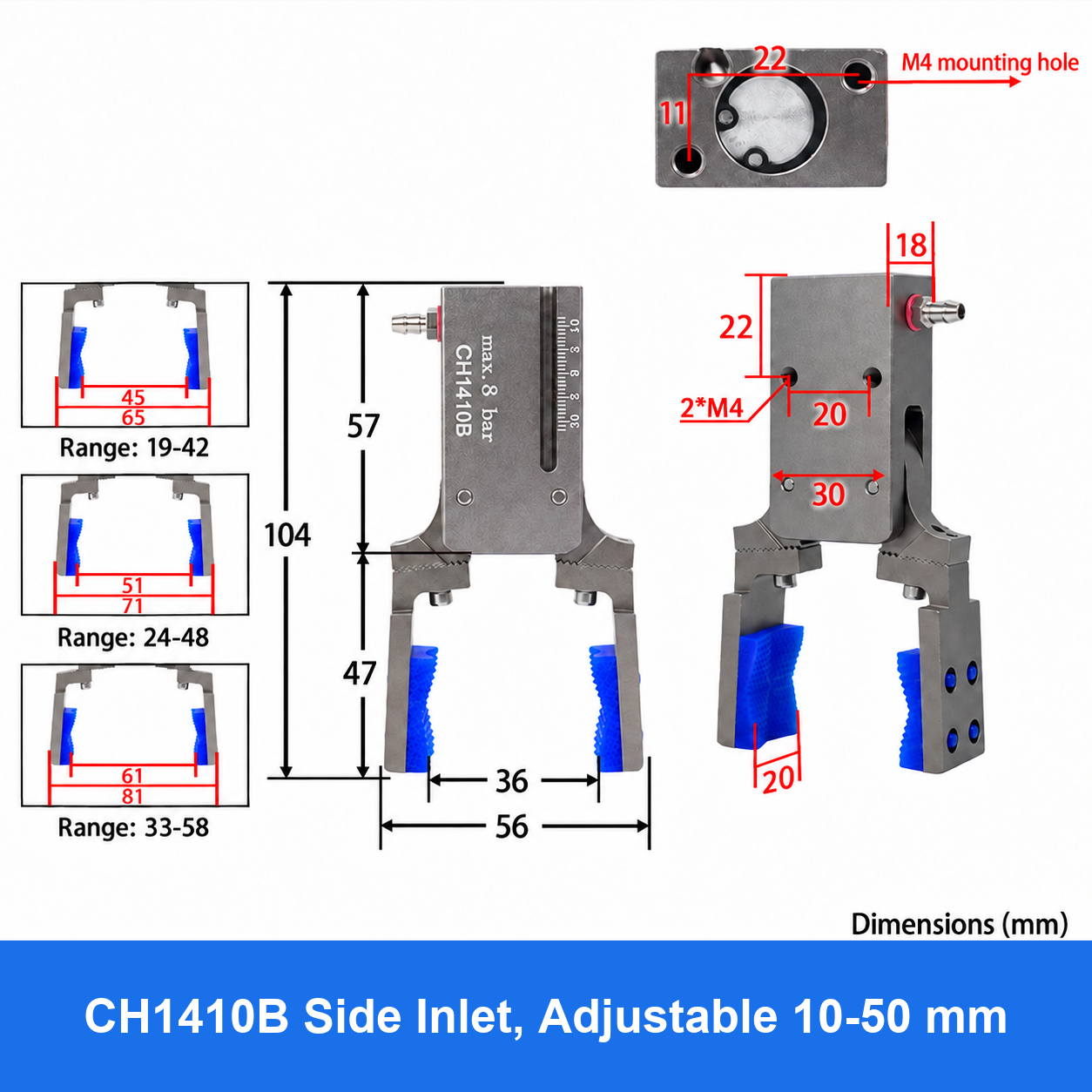 CH1410 mini pneumatic gripper or accessory, CH1410B Side Inlet, Adjustable 10-50 mm