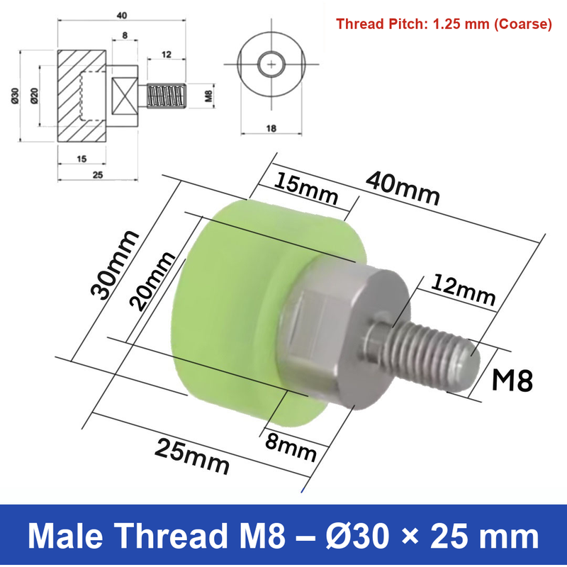 Male Thread M8 – Ø30 × 25 mm, 304 stainless steel polyurethane-coated buffer component