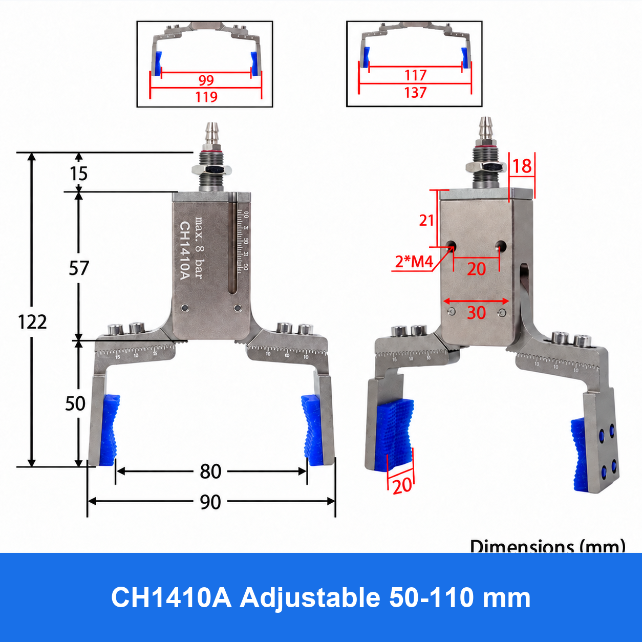 CH1410 mini pneumatic gripper or accessory, CH1410A Adjustable 50-110 mm