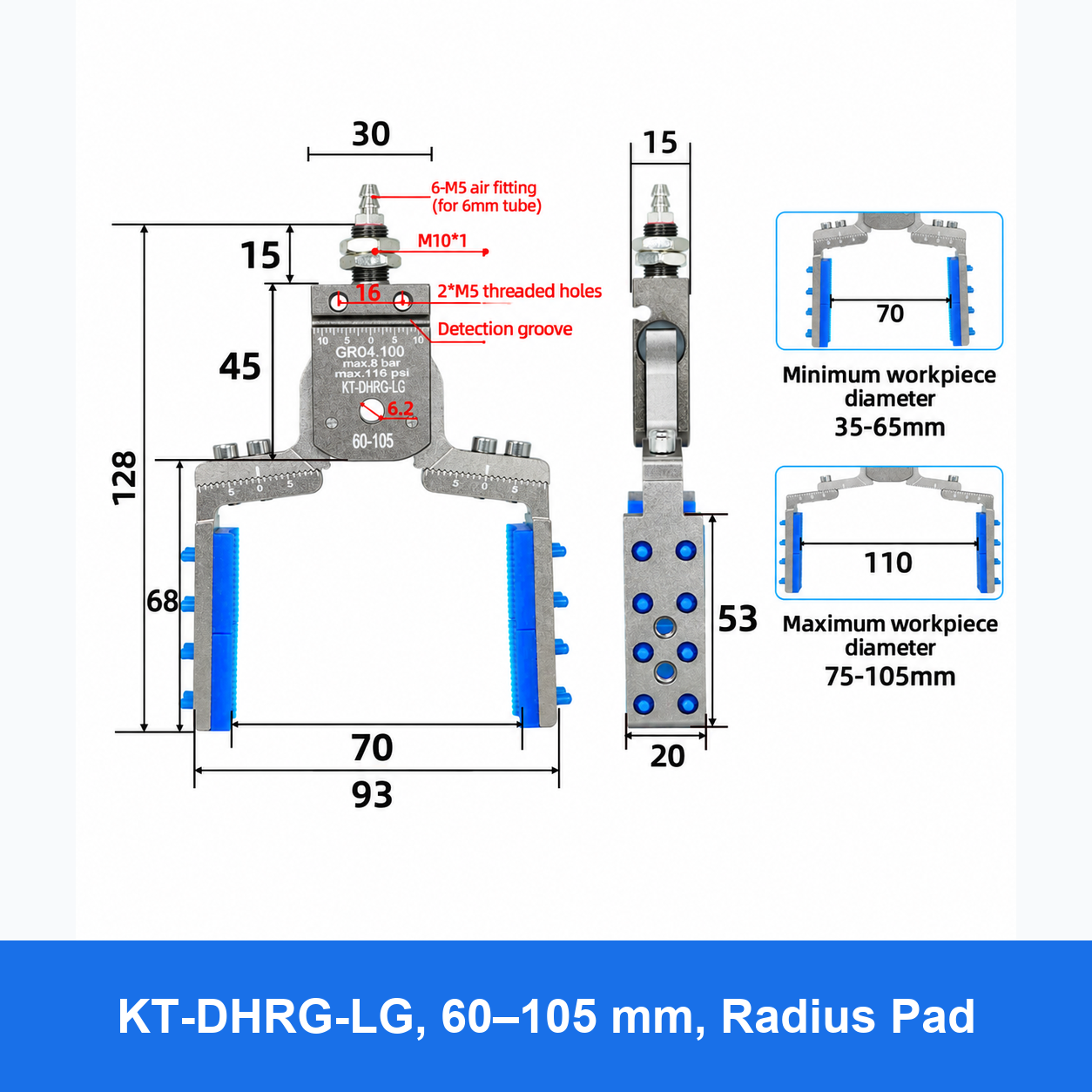 DHPG or DHRG 3050 mini pneumatic gripper, KT-DHRG-LG, 60–105 mm, Radius Pad