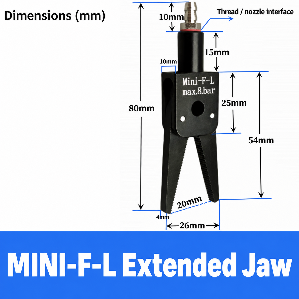 Mini pneumatic gripper or replacement jaw, MINI-F-L Extended Jaw
