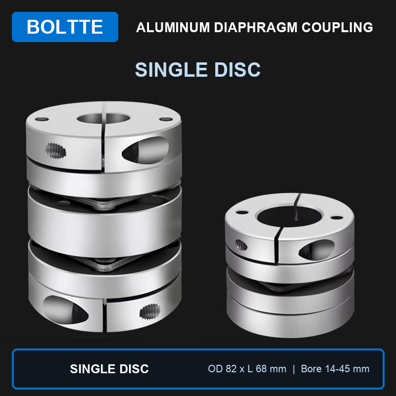 BOLTTE aluminum single disc diaphragm coupling, OD 82 x L 68 mm, bore 14-45 mm