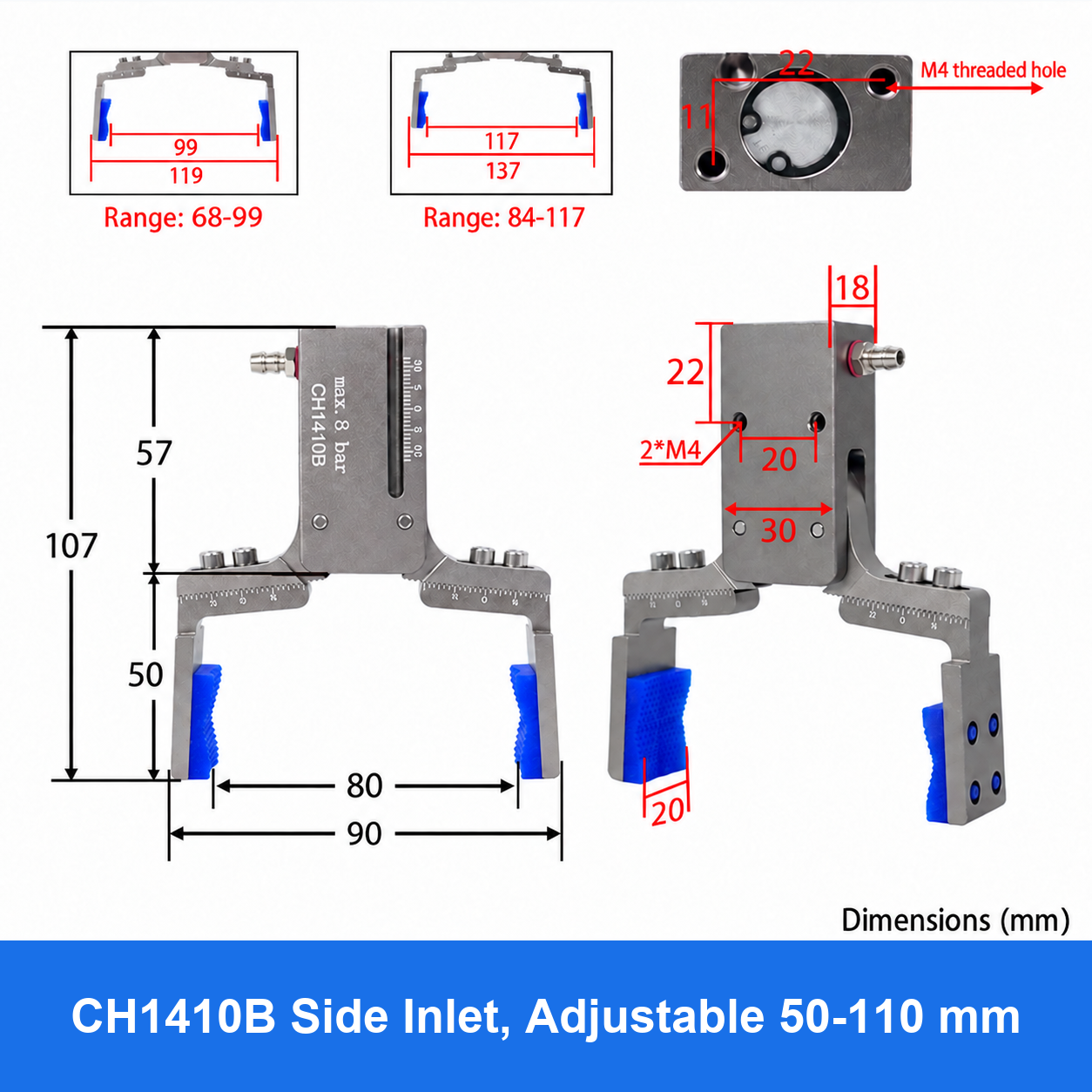 CH1410 mini pneumatic gripper or accessory, CH1410B Side Inlet, Adjustable 50-110 mm