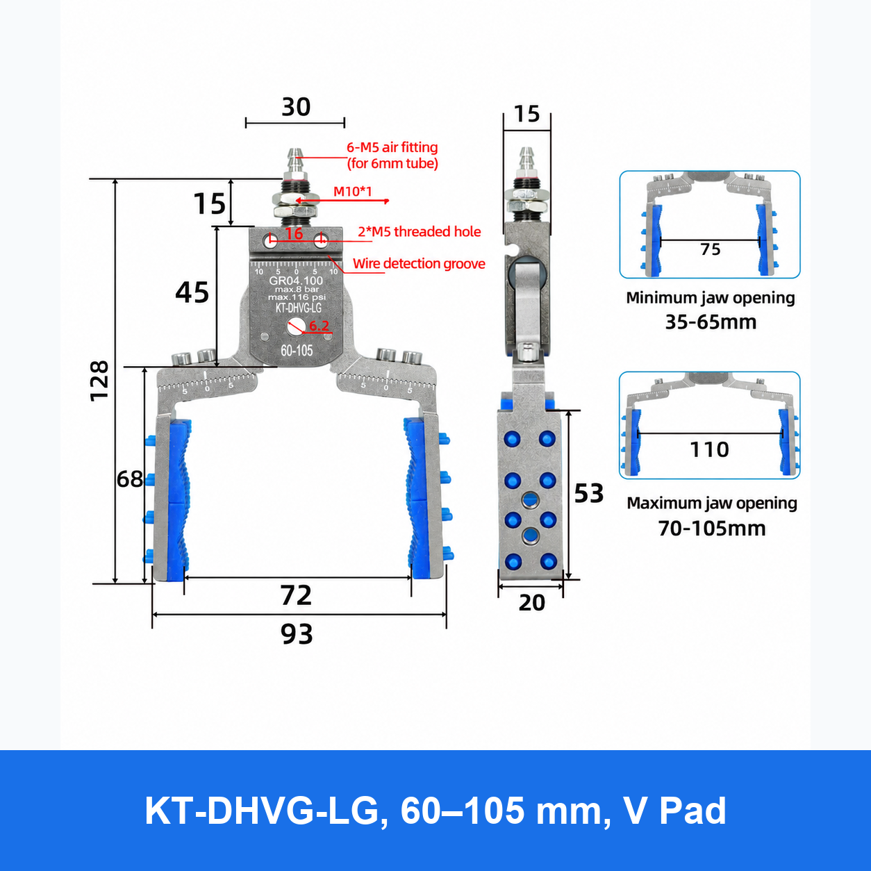 DHPG or DHRG 3050 mini pneumatic gripper, KT-DHVG-LG, 60–105 mm, V Pad