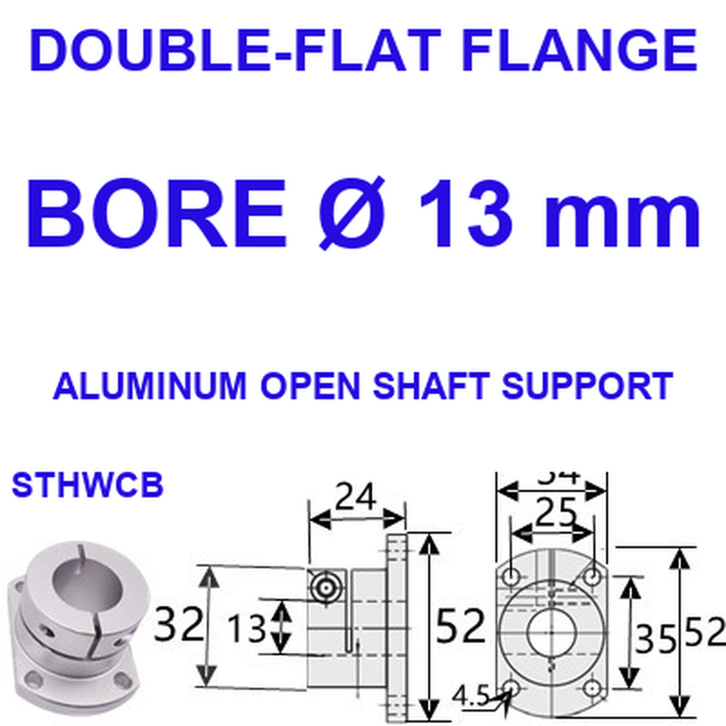 STHWCB double-flat flange aluminum open shaft support, 13 mm bore