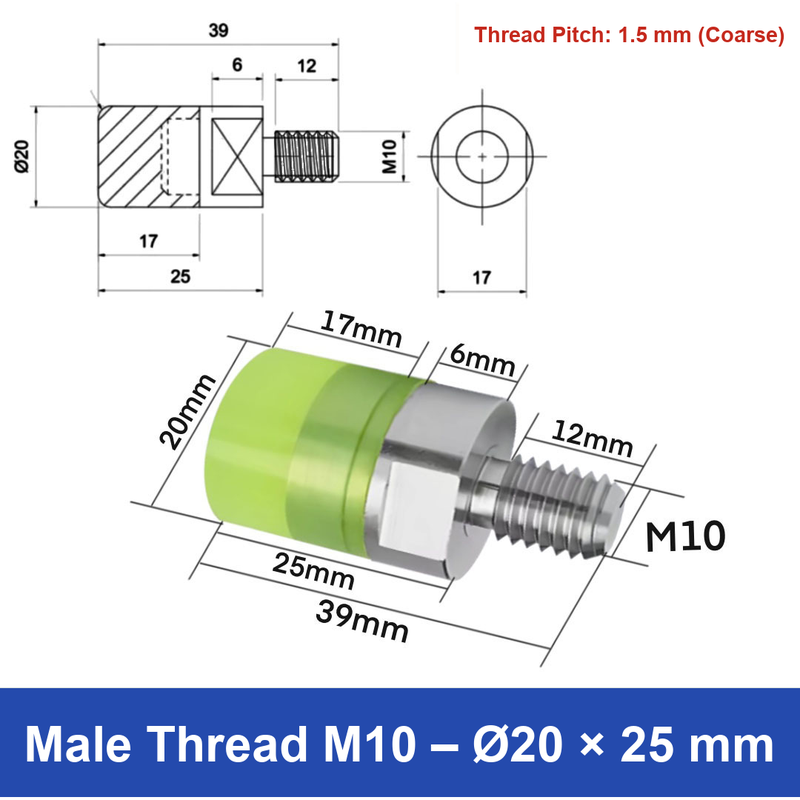 Male Thread M10 – Ø20 × 25 mm, 304 stainless steel polyurethane-coated buffer component