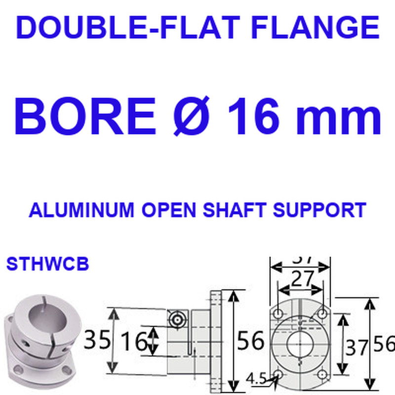 STHWCB double-flat flange aluminum open shaft support, 16 mm bore