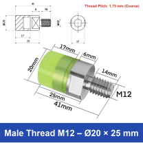 Male Thread M12 – Ø20 × 25 mm, 304 stainless steel polyurethane-coated buffer component