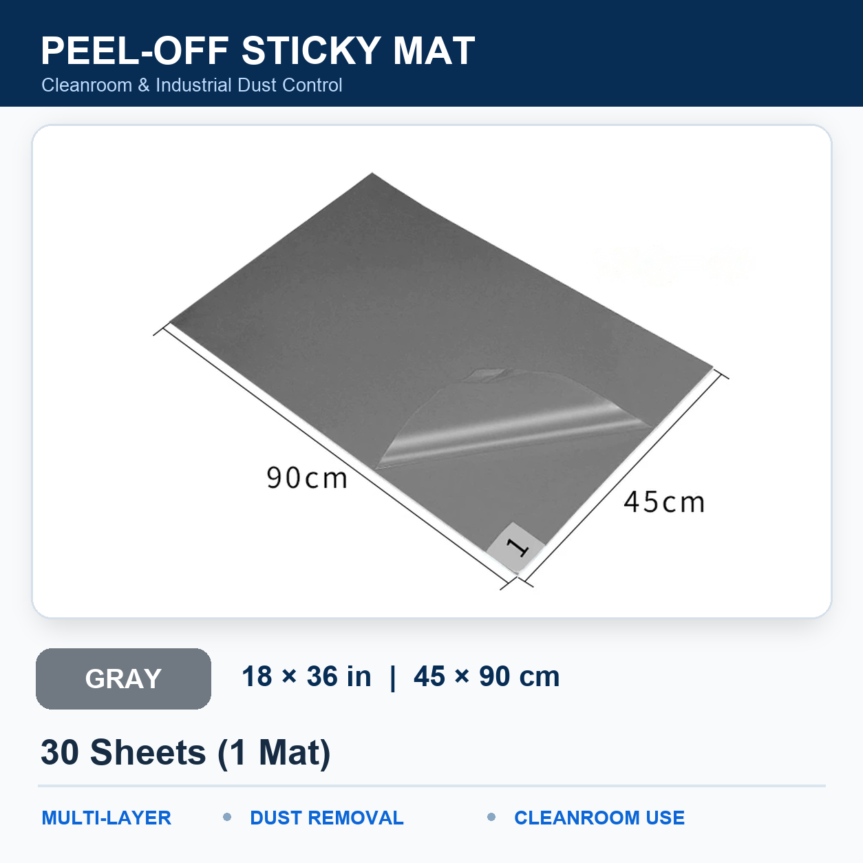 BOLTTE gray peel-off sticky mat Gray – 18 × 36 in (45 × 90 cm) – 30 Sheets (1 Mat)