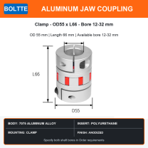 BOLTTE aluminum jaw coupling OD 55 mm length 66 mm bore 12 to 32 mm