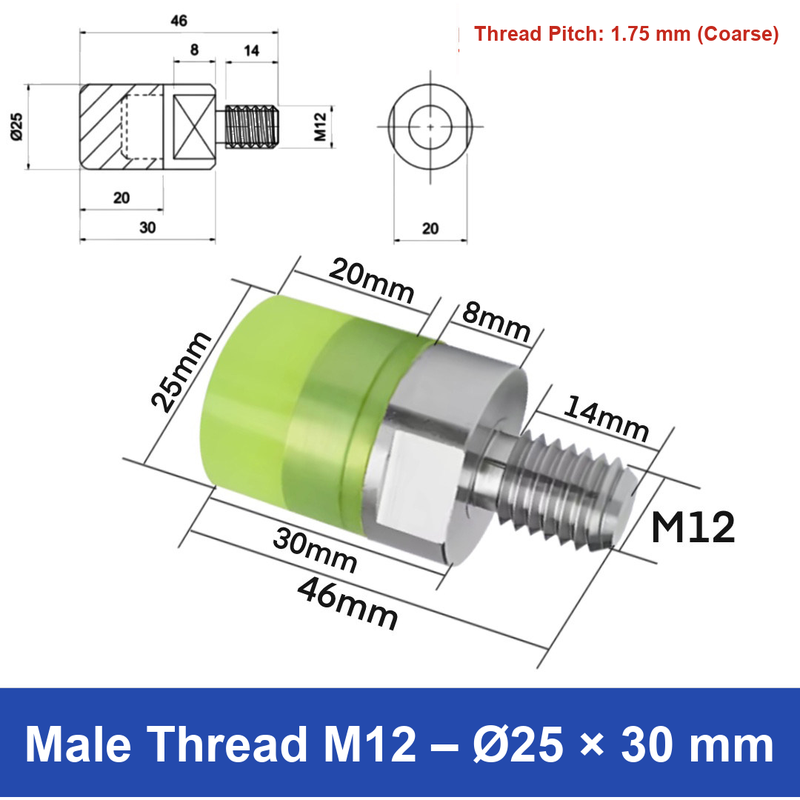 Male Thread M12 – Ø25 × 30 mm, 304 stainless steel polyurethane-coated buffer component